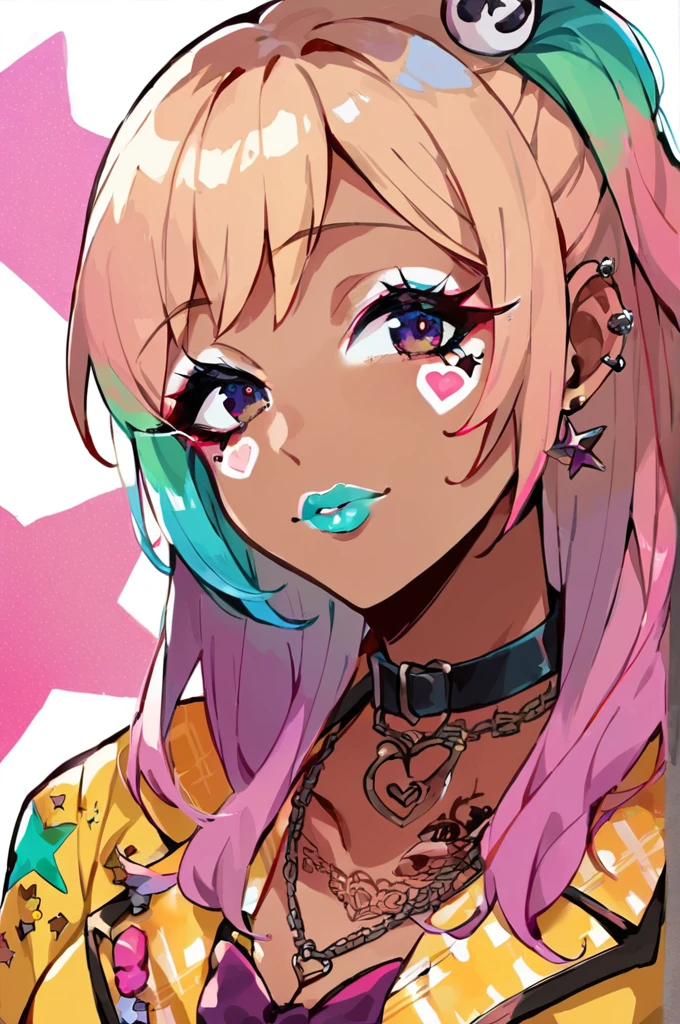 Score_9, score_8_up, score_7_up, score_6_up,  gyaru, source_anime, 1girl, solo, white background, abstract rectangular background, honoka, upper body, looking at viewer, BREAK,  white wall background, Ganguro, gyaru, yamanba, pursed cyan lips, colorful two-tone gradient hair, very dark skin, fashionable outfit, sexy , star stickers on face, intricate white makeup, tattoos, piercings,