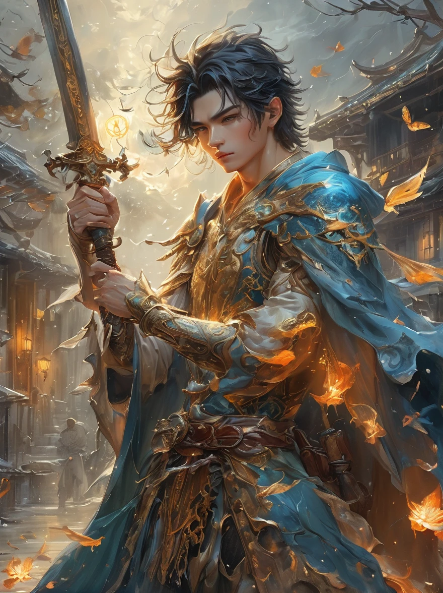 masterpiece，1 male，aldult，Beautiful face，young，advanced，Antique theme，Fairies，Ancient costumes，holding sword，Sunlight，street，Long hair flying，Sunlight，Background style，breeze blowing，Loose robe，fantasy landscape，Starlight around the character，（whole body），(first-person view, pov, UHD, retina, masterpiece, ccurate, anatomically correct, textured skin, super detail, award winning, 8k)
