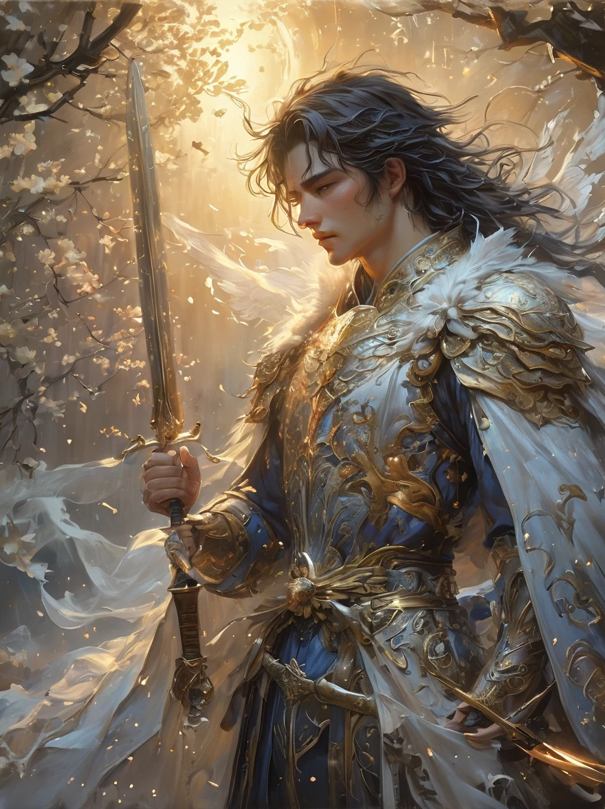 masterpiece，1 male，aldult，Beautiful face，young，advanced，Antique theme，Fairies，Ancient costumes，holding sword，Sunlight，street，Long hair flying，Sunlight，Background style，breeze blowing，Loose robe，fantasy landscape，Starlight around the character，（whole body），(first-person view, pov, UHD, retina, masterpiece, ccurate, anatomically correct, textured skin, super detail, award winning, 8k)
