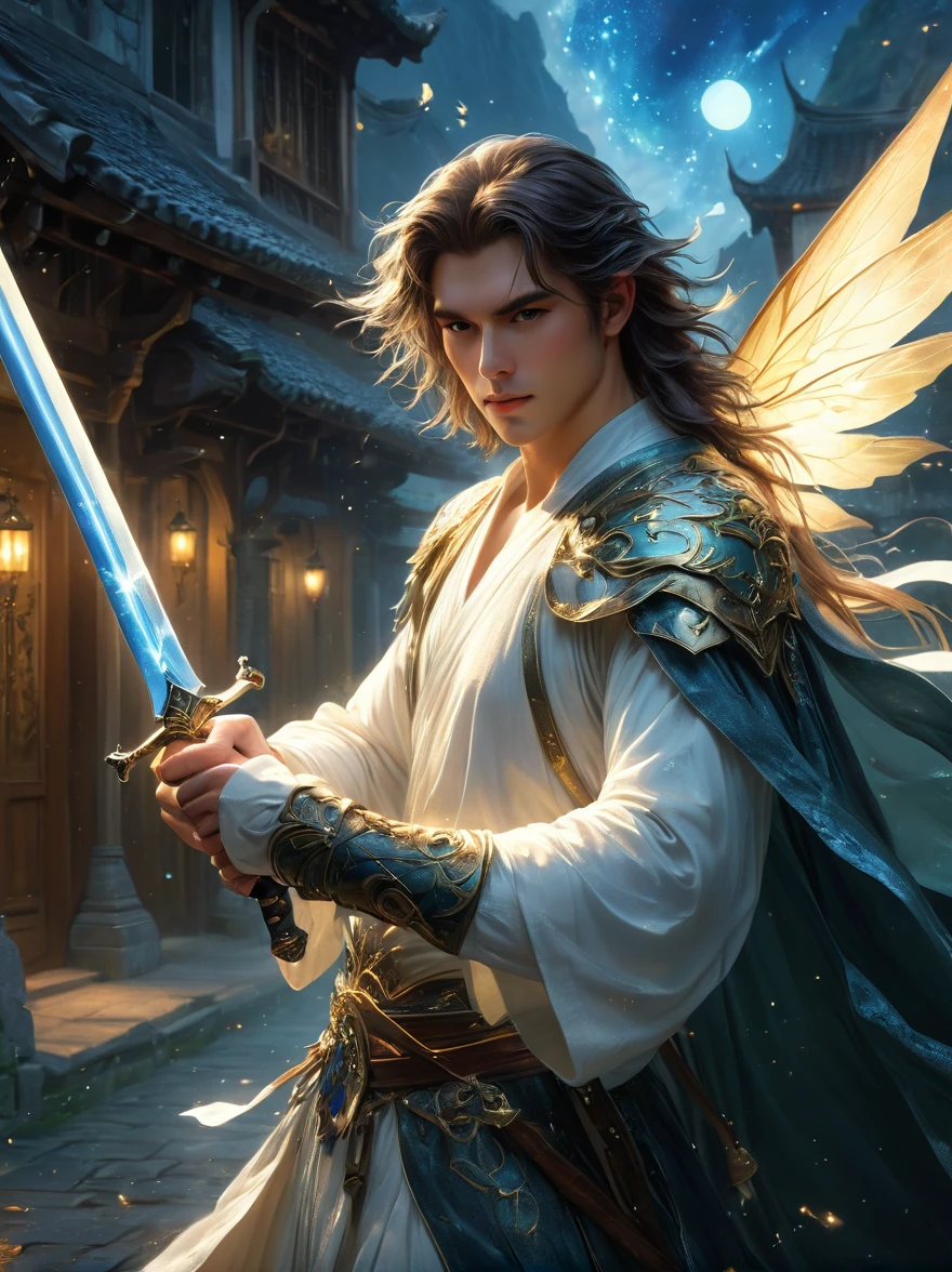 masterpiece，1 male，aldult，Beautiful face，young，advanced，Antique theme，Fairies，Ancient costumes，holding sword，Sunlight，street，Long hair flying，Sunlight，Background style，breeze blowing，Loose robe，fantasy landscape，Starlight around the character，（whole body），(first-person view, pov, UHD, retina, masterpiece, ccurate, anatomically correct, textured skin, super detail, award winning, 8k)
