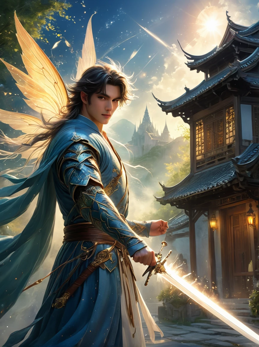 masterpiece，1 male，aldult，Beautiful face，young，advanced，Antique theme，Fairies，Ancient costumes，holding sword，Sunlight，street，Long hair flying，Sunlight，Background style，breeze blowing，Loose robe，fantasy landscape，Starlight around the character，（whole body），(first-person view, pov, UHD, retina, masterpiece, ccurate, anatomically correct, textured skin, super detail, award winning, 8k)
