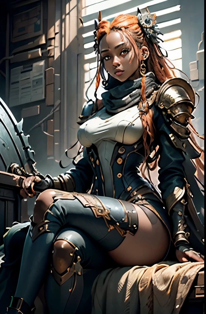 8k portrait of photo of beautiful black girl, Artwork in the style of Vladimir Kush, orange hair, long hair, orange dreadlocks hair, full body, dark chocolate skin, very dark skin, black girl, swinging a battle axe, straining to carry axe, realistic, very dark natural skin, blue eyes, detailed and intricate portrayal of a mechanical or cybernetic woman, metal panels, tubes attached to arms, african features, metallic and mechanical components, gold adornments in hair, orange boxbraids, soft sunlight, textured skin, straining to cary a heavy battle axe, denim jeans, black sweater, blue scarf, black gloves, red boots, intricate, elegant, highly detailed, futuristic, digital photography, (masterpiece, sidelighting, finely detailed beautiful eyes: 1.2), hdr,