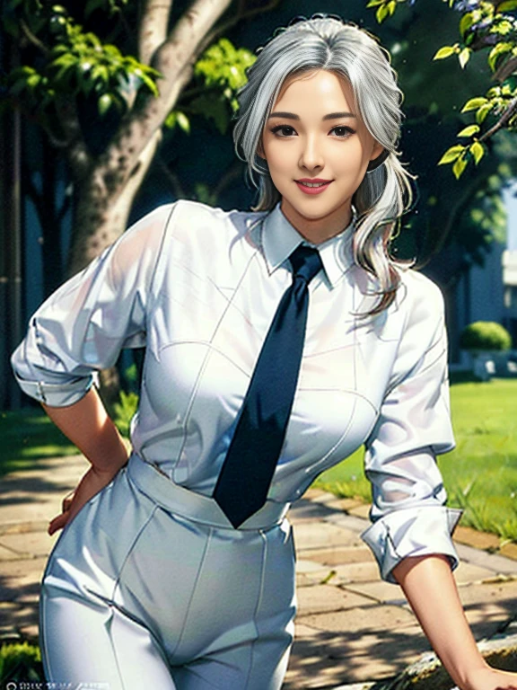 (best quality,ultra-detailed,realistic:1.37),portraits,beautiful woman,graceful physique,social blouse in white,black trousers,social shoes in white,ponytailed white hair,silver eyes,slender appearance,elegant,extended arms,light blue butterfly tie,smiling expression,landscape of an ancient castle,walking.