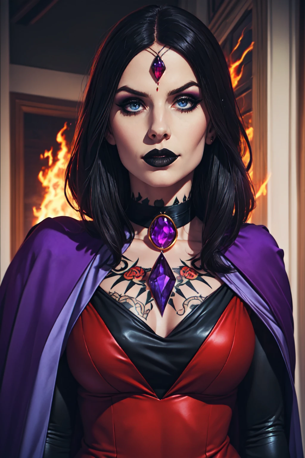 (Best Quality, 8k, Masterpiece, UHD), (Photo of Attractive Caucasian Gothic model Woman with tattoos), solo 1Girl as Raven, ((gemstone on forehead)), heavy makeup , cape, choker,very pale skin,Ultra Detailed Face, Detailed Lips, Fine Eyes, black lipstick, Fine Eyes, whole body, walking on fire