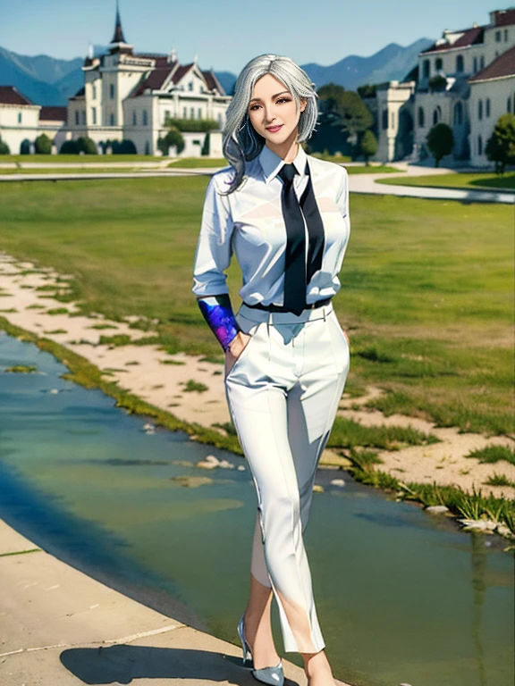 (best quality,ultra-detailed,highres,masterpiece:1.2),realistic,professional,portraits,beautiful girl,slender physique,elegant,white social blouse,black trousers,white social shoes,ponytailed white hair,silver eyes,extended arms,smiling face,watercolor butterfly tie,walking,scenic beauty of an ancient castle