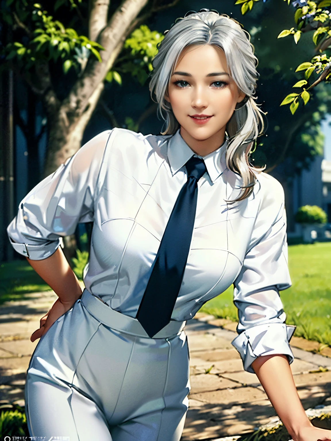 (best quality,ultra-detailed,realistic:1.37),portraits,beautiful woman,graceful physique,social blouse in white,black trousers,social shoes in white,ponytailed white hair,silver eyes,slender appearance,elegant,extended arms,light blue butterfly tie,smiling expression,landscape of an ancient castle,walking.