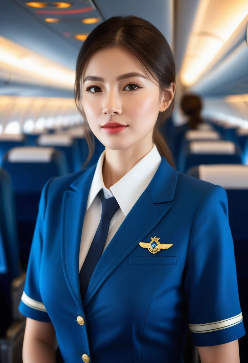 best quality,(original photo:1.2),(masterpiece:1.4),(lifelike:1.4),(high resolution:1.4), 1 girl, depth of field, Airline stewardess, Intricate details,8K, Very detailed, perfect lighting, epic background