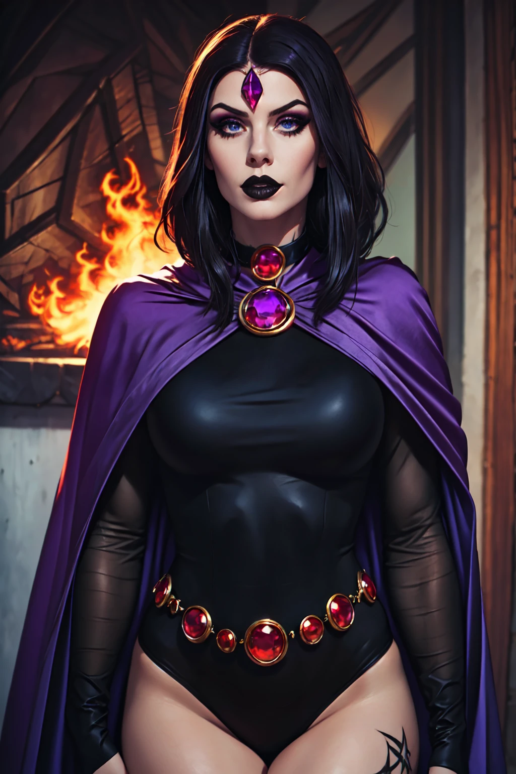 (Best Quality, 8k, Masterpiece, UHD), (Photo of Attractive Caucasian Gothic model Woman with tattoos), solo 1Girl as Raven, ((gemstone on forehead)), heavy makeup , cape, choker,very pale skin,Ultra Detailed Face, Detailed Lips, Fine Eyes, black lipstick, Fine Eyes, whole body, walking on fire