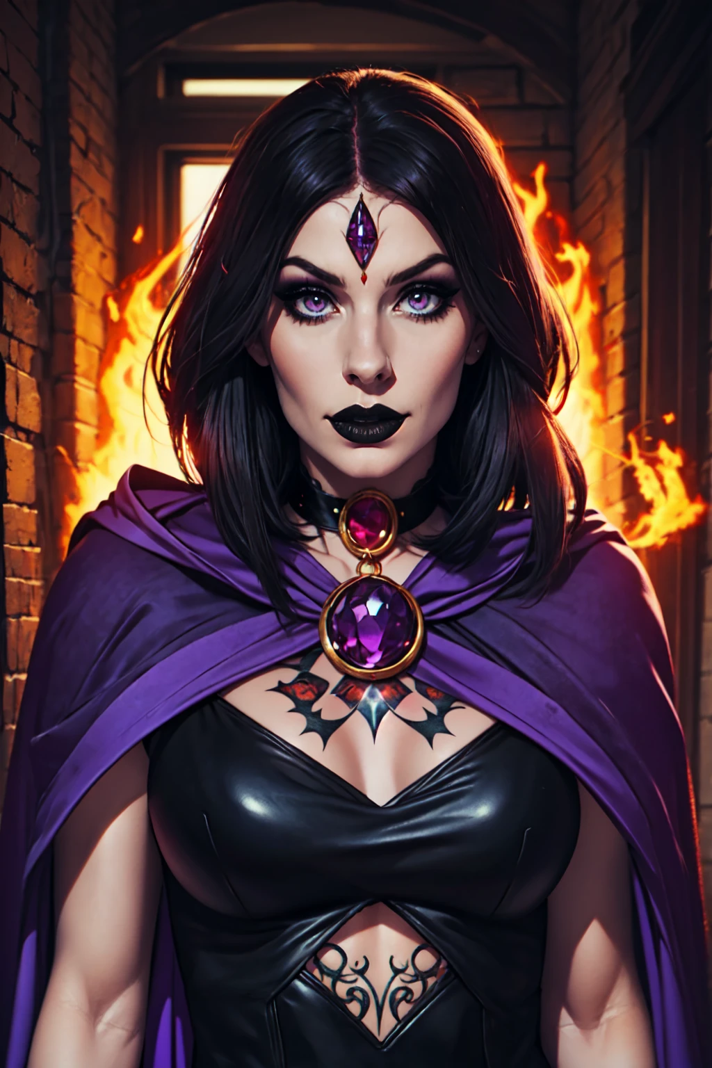 (Best Quality, 8k, Masterpiece, UHD), (Photo of Attractive Caucasian Gothic model Woman with tattoos), solo 1Girl as Raven, ((gemstone on forehead)), heavy makeup , cape, choker,very pale skin,Ultra Detailed Face, Detailed Lips, Fine Eyes, black lipstick, Fine Eyes, whole body, walking on fire