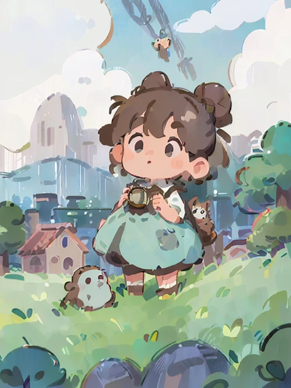 (best quality, high resolution, masterpiece:1.2), Super detailed, (actual, realistically:1.37), bright colors, magical atmosphere, whimsical, （Girl with brown hair, Double braids on both sides）, ((The sky is covered with clouds, Mountain trees, Background city buildings 1.4, Two little birds are surrounding the little girl)), (((Use an illustration style), A little bird is talking to the little girl, (Ghibli style colors, First-person perspective, ultra high definition, accuracy, Ultra-detailed, Award-winning, best quality at best, 8K), high ponytail, side bun, high detail, 8K, masterpiece, anatomically correct, textured skin, high quality