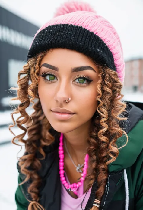 slightly tall young woman, light brown skin, light green eyes. Long brown curly hair with pigtails. Black Graphic Snow Jacket, P...