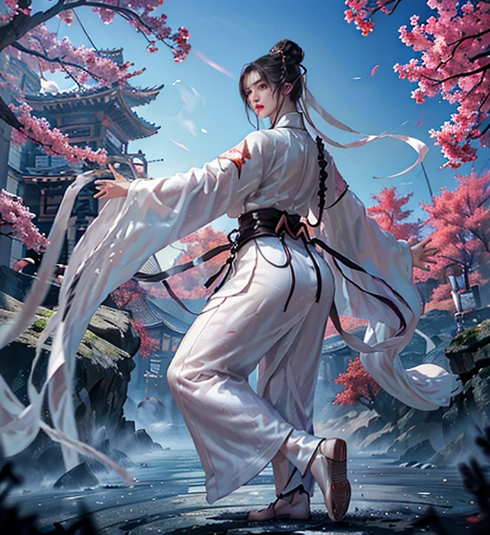 2D, ultra-hd 8k,extreme quality, extremely detailed, high quality, masterpiece, detailed portrait, (full body:1.5),artwork, Best quality, 8k, Photorealistic, fighting position,wing chun fighting style, perspective 5.0, 1girl dresses as if moving The Flying Swords of Dragon Gate,linen_clothes,perfect anatomy, beautiful appearance, Detailed hair tied back, detailed fingers, detailed hair, hyper-detailed face, view from a distance, perfect eyes, detailed eyes, Anime Art, Vector, young woman, ((practicing wing chun)) ((kung-fu)), in a round clearing, surrounded by beautiful flowering trees