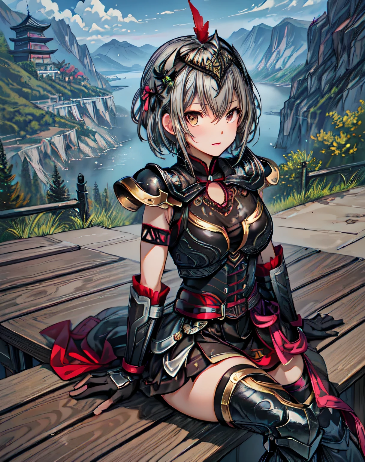 best quality, (masterpiece:1.2), illustration, absurdres, (1girl, solo), (beautiful detailed girl), Lu Lingqi, grey hair, brown eyes, short hair, headpiece, feathers, armored dress, shoulder armor, black skirt, thigh boots, armored boots, gloves, grassy mountains, trees, japanese architecture, river, plants,, hands between legs, (upper body),, looking at viewer, confident, proud, small breasts, sitting, crossed legs
