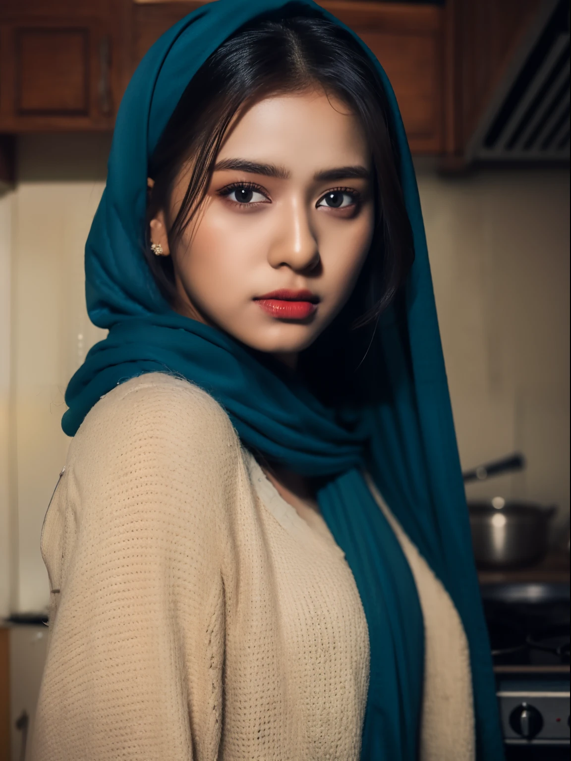 戴着蓝色头巾的性感印度女孩, 细致的脸部, 深棕色眼睛, 全身站在厨房里, 精致的服装细节, 清晰的焦点, 非常详细, 艺术站, 概念艺术,  淡妆, 超现实主义, 32k 超高清