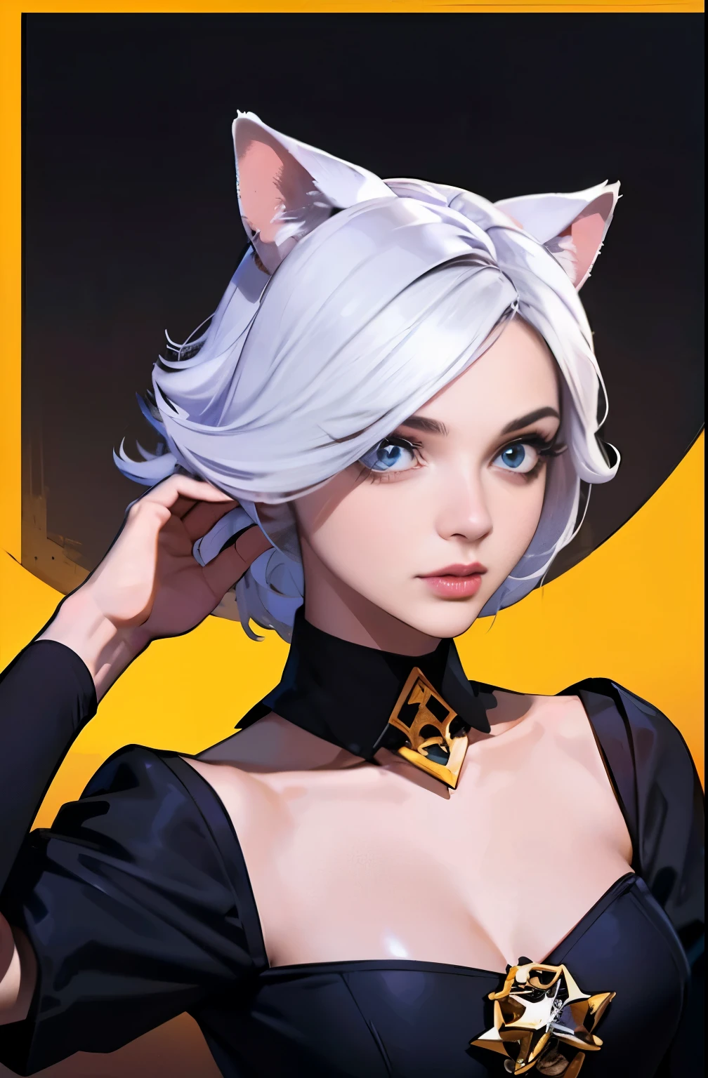 best qualityer, Super high resolution, (photorrealistic:1.3), CRU photo, 1 European woman, 30years, fine-details, ((Bright red cat eyes)), ((burgundy eye shadow)), (((blue black hair))), ((Hair is like darkness)), Cat's ears, cat tail, work of art, Resolute stance, Resolute stance, posando, Growth is worth it, adventurer costume, adventurer clothing, Long manicure, Fabric exhibition, beautiful detailed eyes, beautiful detailed lips, long eyelashes, noble atmosphere, Carisma Real, european face, Aryan face. The wide eyes, As a European, wasteland.