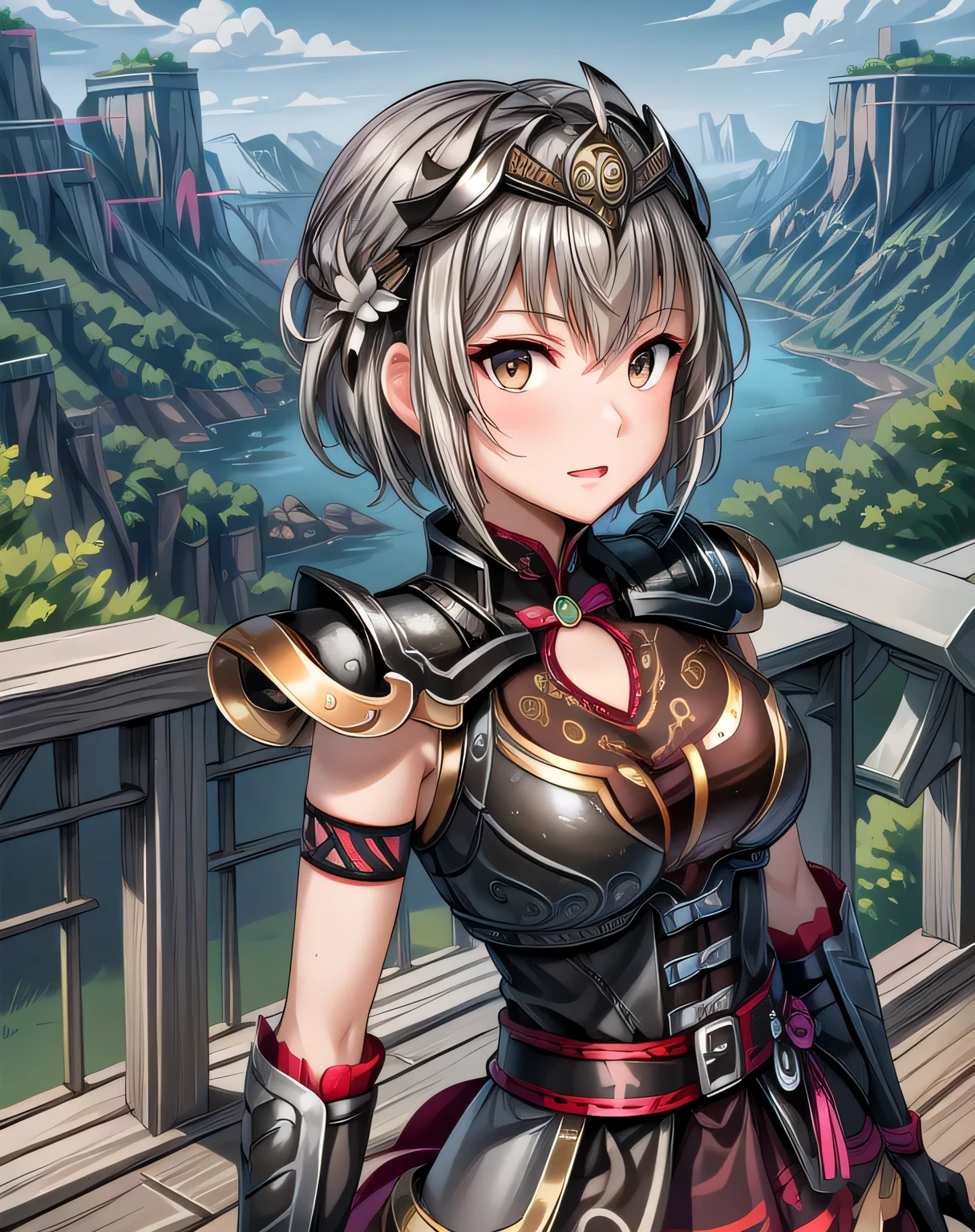 best quality, (masterpiece:1.2), illustration, absurdres,
(1girl, solo), (beautiful detailed girl),
Lu Lingqi, grey hair, brown eyes,  short hair, 
headpiece, feathers,
armored dress, shoulder armor, black skirt, thigh boots, armored boots, gloves, 
grassy mountains, trees, japanese architecture, river, plants,, hands between legs, (upper body, portrait),,
looking at viewer, confident,  proud, small breasts