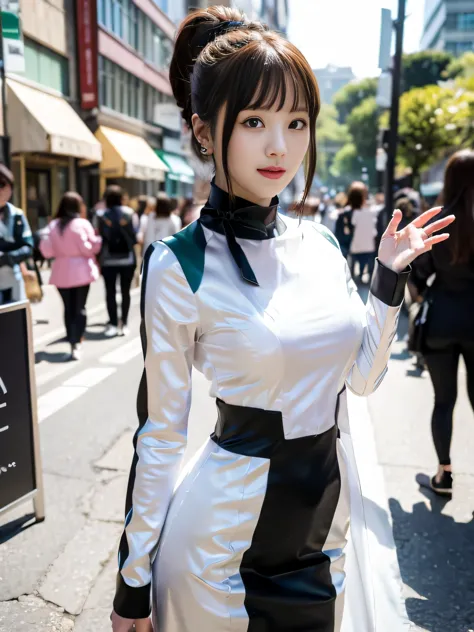 (highest quality、8k、32k、masterpiece、uhd:1.2、perfect body beauty:1.5、wearing a futuristic hero suit with a pale pink and white sh...