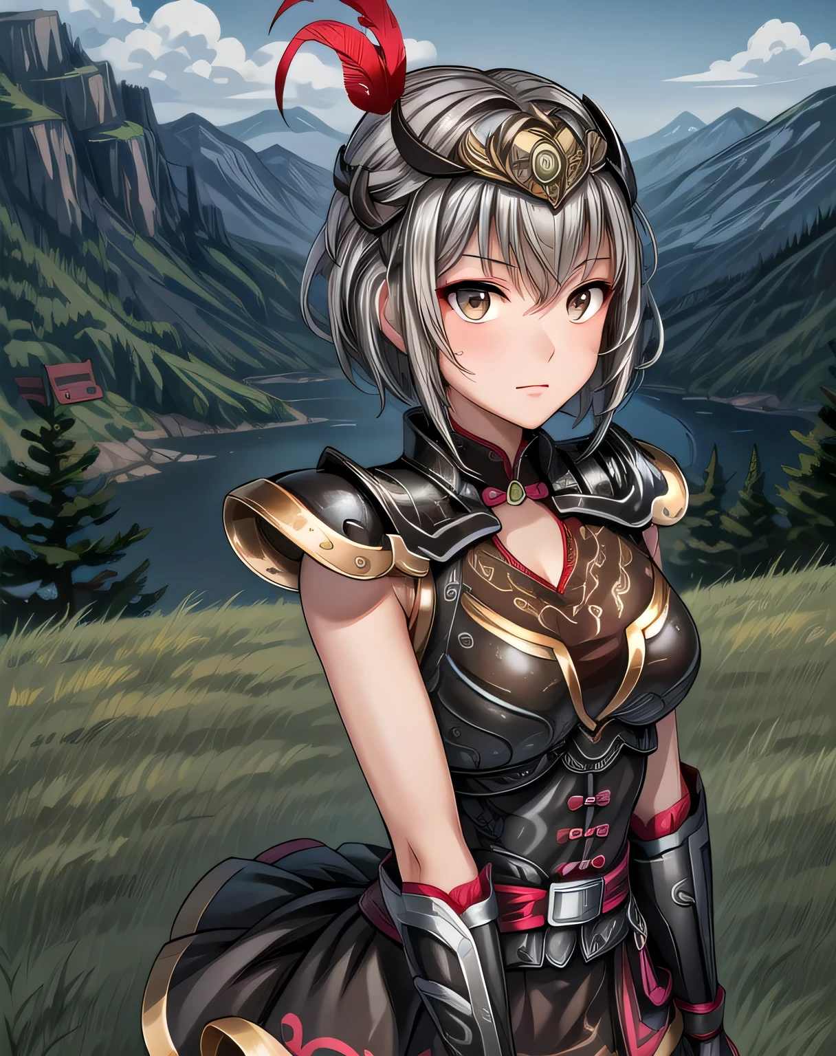 best quality, (masterpiece:1.2), illustration, absurdres, (1girl, solo), (beautiful detailed girl), Lu Lingqi, grey hair, brown eyes, short hair, headpiece, feathers, armored dress, shoulder armor, black skirt, thigh boots, armored boots, gloves, grassy mountains, trees, japanese architecture, river, plants,, hands between legs, (upper body),, looking at viewer, confident, proud, small breasts
