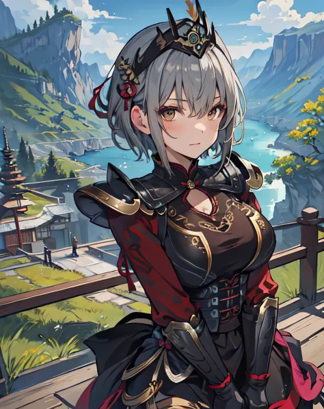 best quality, (masterpiece:1.2), illustration, absurdres, (1girl, solo), (beautiful detailed girl), Lu Lingqi, grey hair, brown ...