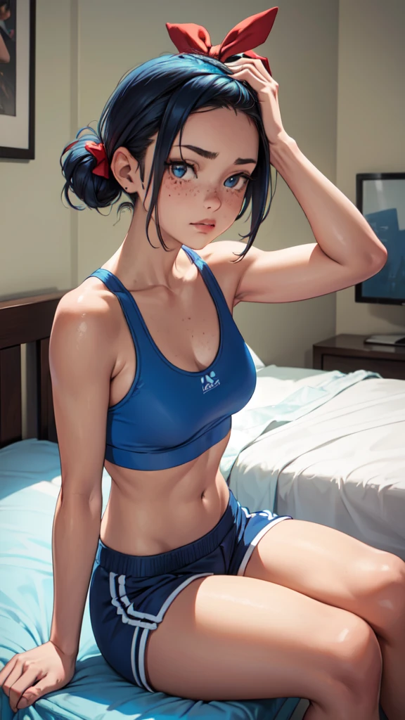 A shy face, 16 years old, realistic, (she is wearing a blue sports bra and shorts), sitting on top of a bed, face turned to the left side, short platinum hair messy, hair tied with red bows, detailed face, with freckles, masterpiece,
