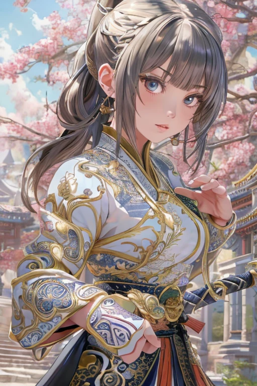 2D, ultra-hd 8k,extreme quality, extremely detailed, high quality, masterpiece, detailed portrait, (full body:1.5),artwork, Best quality, 8k, Photorealistic, fighting position,wing chun fighting style, perspective 5.0, 1girl dresses as if moving The Flying Swords of Dragon Gate,linen_clothes,perfect anatomy, beautiful appearance, Detailed hair tied back, detailed fingers, detailed hair, hyper-detailed face, view from a distance, perfect eyes, detailed eyes, Anime Art, Vector, young woman, ((practicing wing chun)) ((kung-fu)), in a round clearing, surrounded by beautiful flowering trees,black hair, ponytail, long hair, hair ribbon, serious, drop shadow, tachi-e, wide shot, from outside, rotated, motion lines, speed lines, 8k, best quality, high quality, masterpiece, anatomically correct, textured skin, super detail, high details