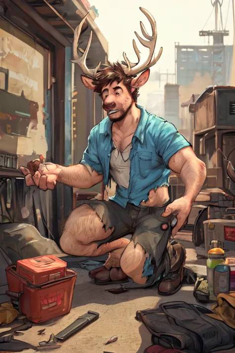 lap, (redneck mechanic), looking shocked, surprised, astonished, baffled, (stag:1.3), digitigrade, male, clothes, (junkyard) bre...