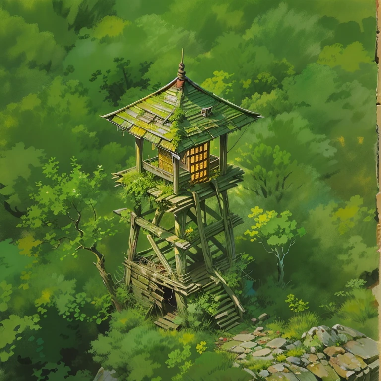Ilustração pintada à mão com traços marcados, de uma torre de vigia feita de madeira e pau, com telhado de palha seco, abandonado nas montanhas, isométrico, vista aerea, fechar-se,