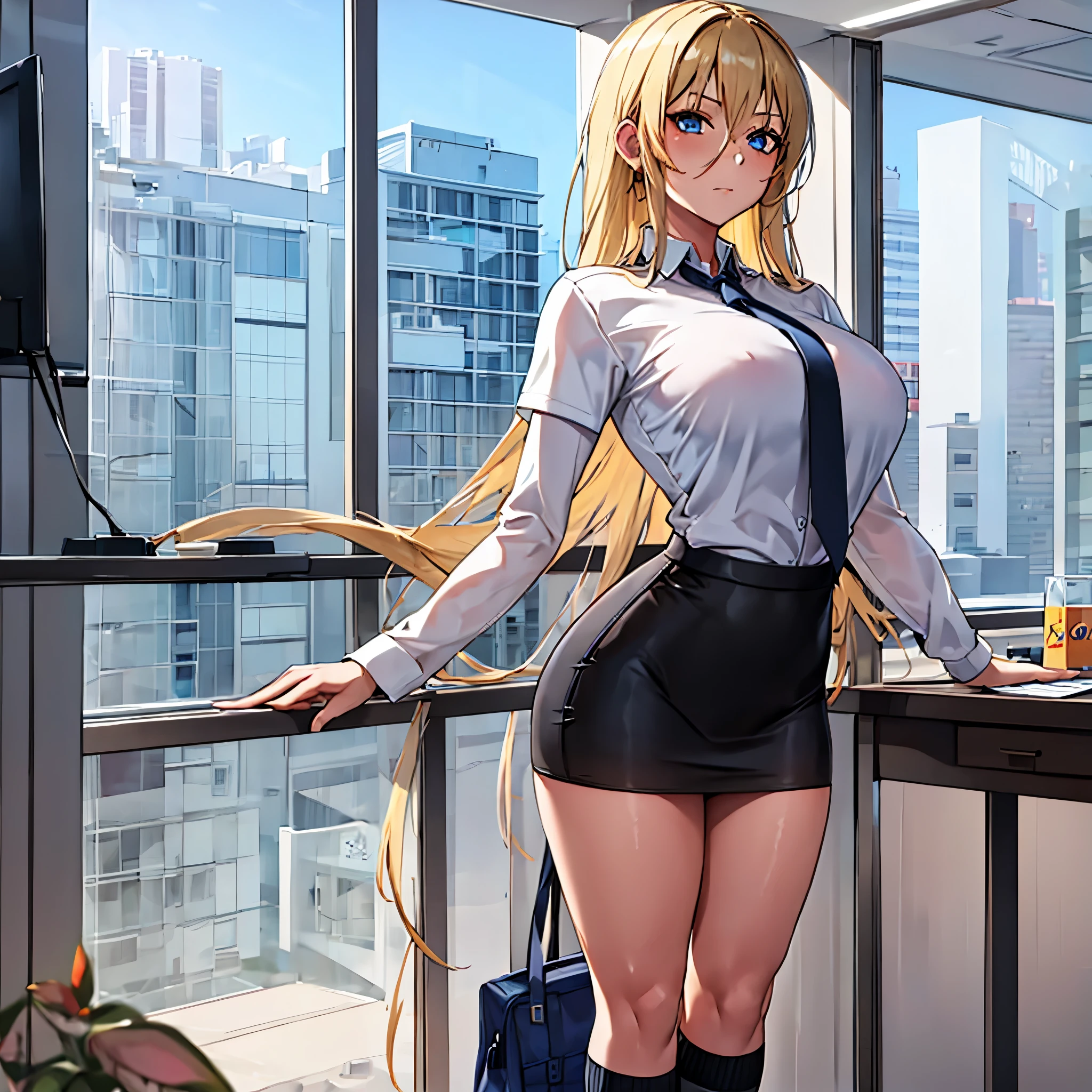 A woman wearing a white office t-shirt, wearing a tie around her neck, a black skirt, women's long socks, large breasts, long blonde hair, blue eyes, in an office in a large building, with tables, computers, a window overlooking several buildings, bright place, background blur effect, HDR, ultra resolution, well defined, masterpiece, 8K HD.
