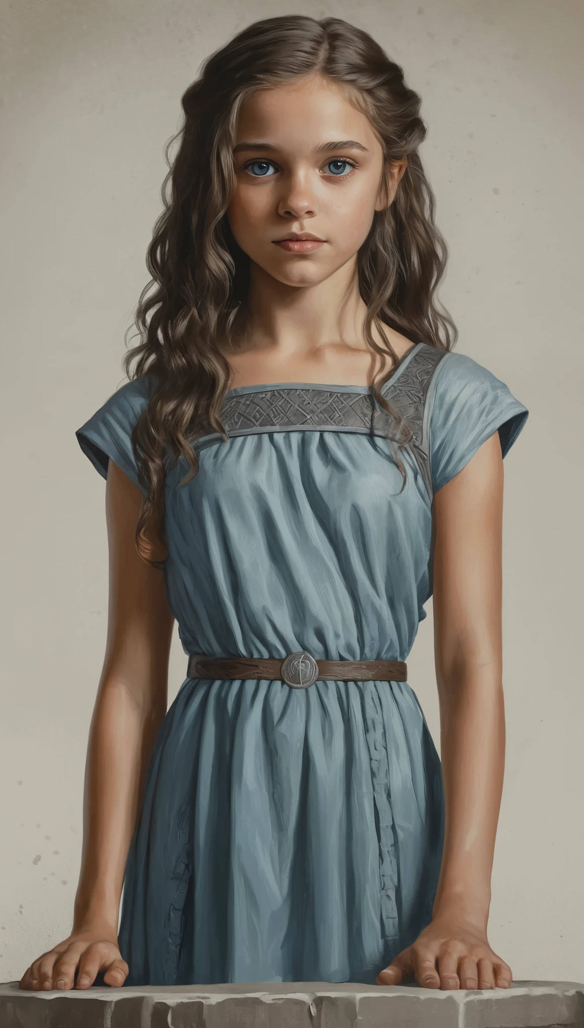 An illustrated movie poster, hand-drawn, full color, a young girl, wearing a black chiton, warm brown complexion, pale blue eyes, ashy hair, long loose curls, waist-length hair, posing on a pedestal, hard shadows, graphite shading, stencil marks, airbrushed acrylic paint, masterpiece, in the style of Game of Thrones