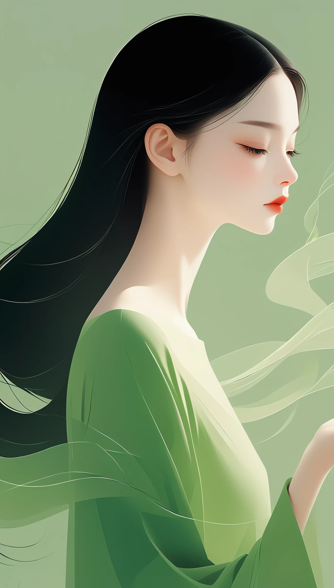 vector，flat form style，illustration，minimalist，数字艺术illustration，1 girl standing sideways，Unique，long black hair，pretty face，portrait，Shoulder，beautiful hands，It is artistic conception，Abstract，green tint