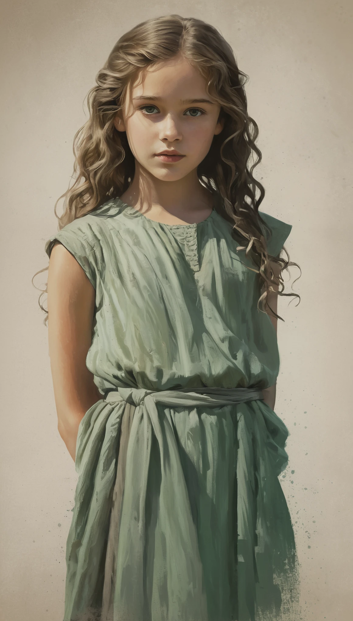 An illustrated movie poster, hand-drawn, full color, a young girl, wearing a chiton, warm brown complexion, pale green eyes, ashy hair, long loose curls, waist-length hair, posing on a pedestal, hard shadows, graphite shading, stencil marks, airbrushed acrylic paint, masterpiece, in the style of Game of Thrones