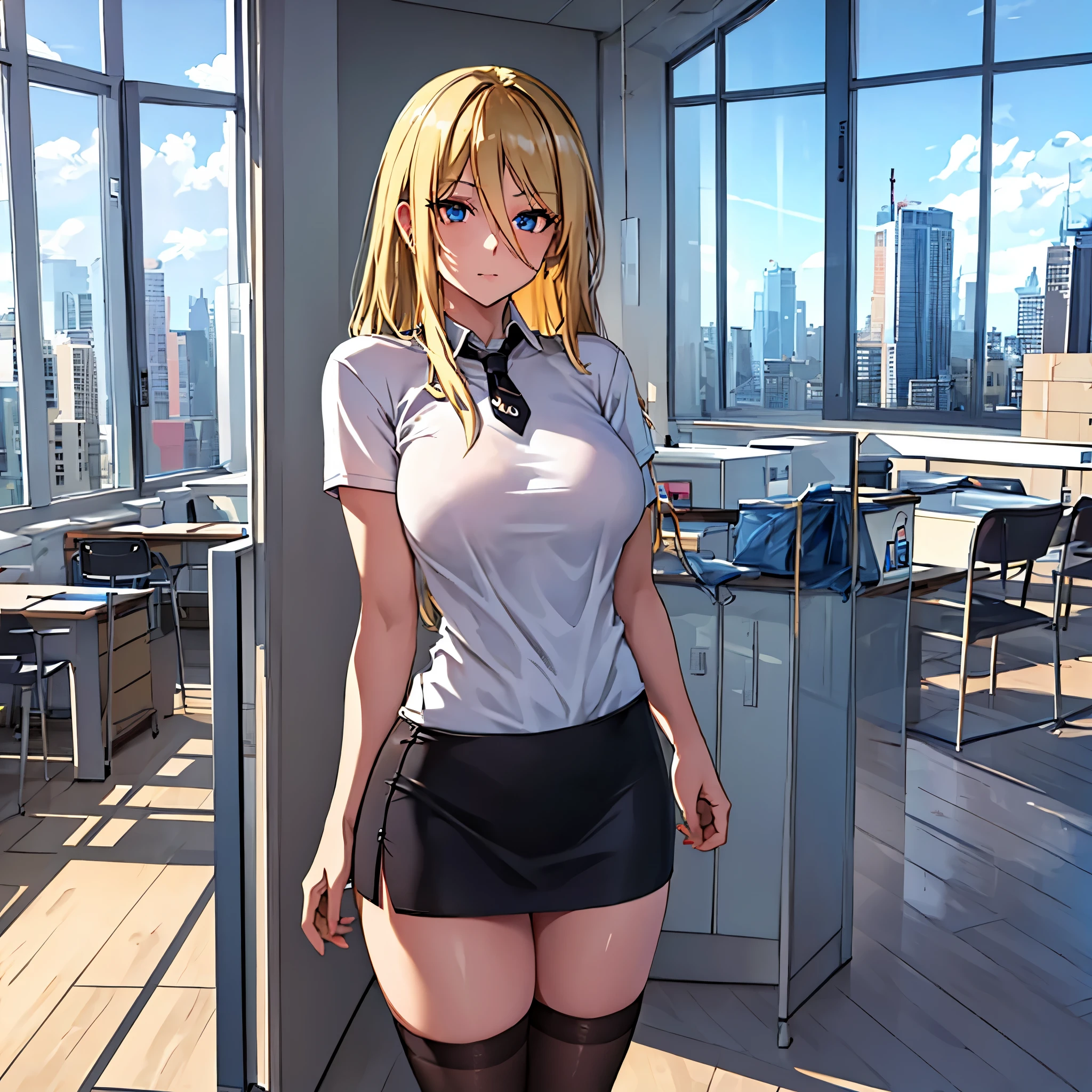 A woman wearing a white office t-shirt, wearing a tie around her neck, a black skirt, women's long socks, large breasts, long blonde hair, blue eyes, in an office in a large building, with tables, computers, a window overlooking several buildings, bright place, background blur effect, HDR, ultra resolution, well defined, masterpiece, 8K HD.
