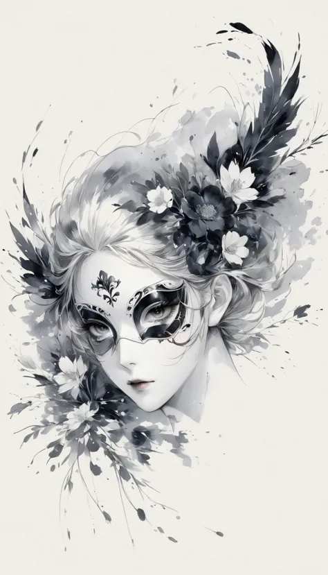 (Anime line drawing:1.5)，(black and white painting:1.45)，Minimalism，(line art:1.6)，sketch，Charcoal drawing，mask，flower