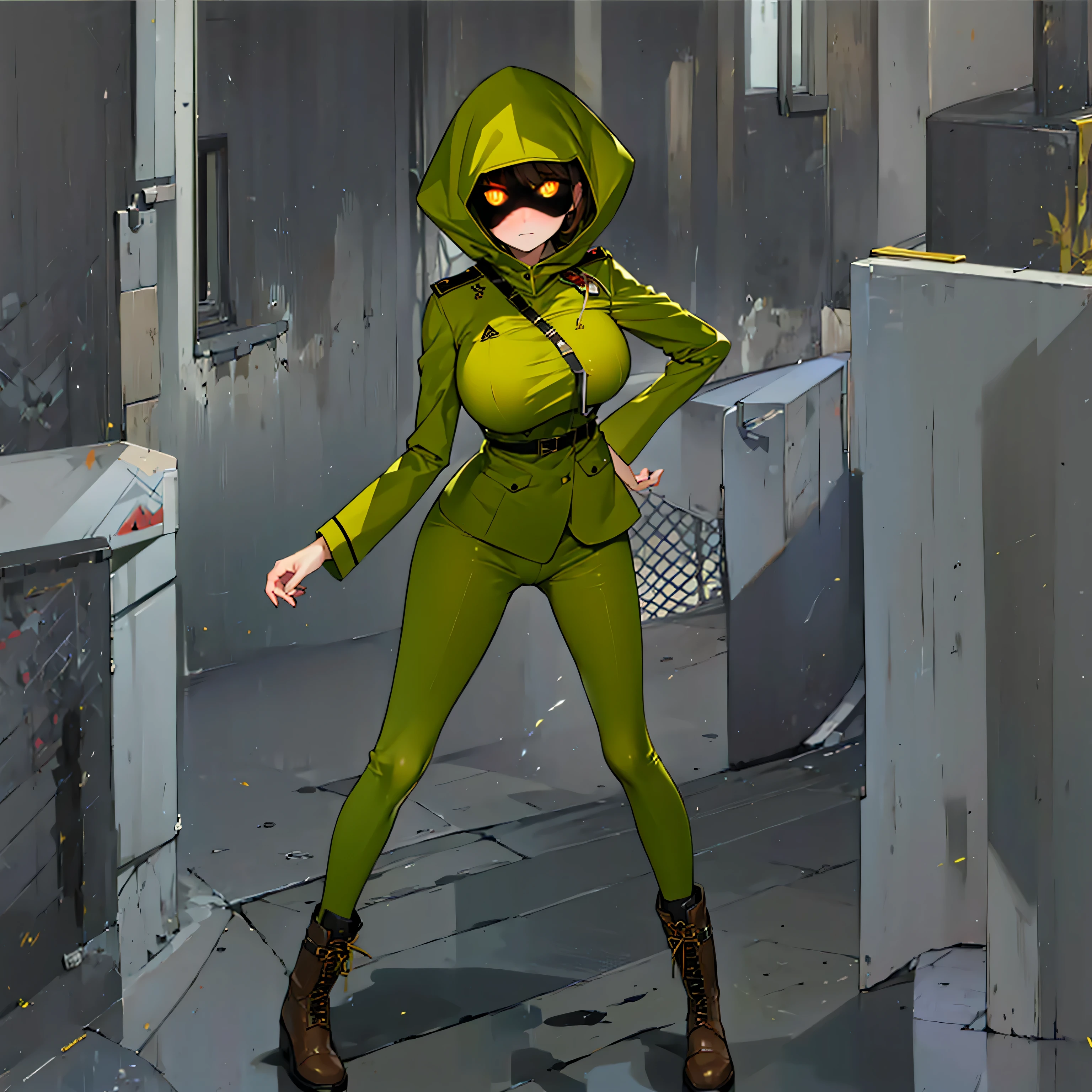 (solo cute girl standing in trench:1.3), (light brown hair:1.2) , (very long legs), (skinny long legs), (very short torso), swaying back, BREAK, (open legs:1.2), tiptoe, pigeon toed, BREAK, (bouncing unaligned large breasts:1.2), perky breasts, thin waist, BREAK, (dark brown military uniform:1.4), (hood covers face), trousers, military boots, BREAK, nose blush, looking at viewer, BREAK, (glowing golden eyes:1.6), BREAK, (wire entanglement fence in background), BREAK, (masterpiece, best quality, ultra-detailed:1.5), (nsfw:0.8), coverd erectile nipples, cameltoe