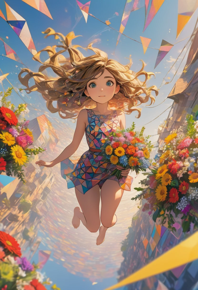 (ultra-detailed background, detailed background), disorganized, High resolution, super detailed, very detailed, 1 girl, (bouquet:1.3), (tangled:1.2), (geometric:1.2),(colorful),Beautiful nudes floating in the sky、full body、