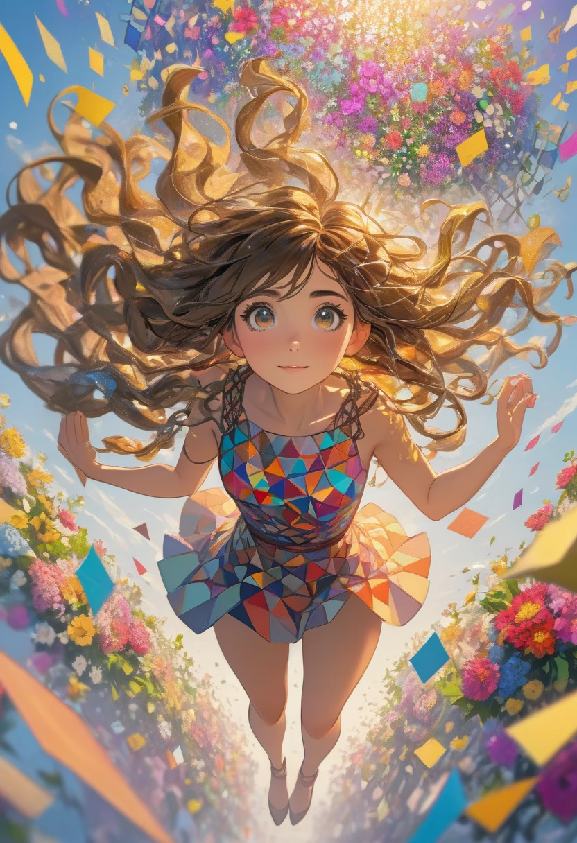 (ultra-detailed background, detailed background), disorganized, High resolution, super detailed, very detailed, 1 girl, (bouquet:1.3), (tangled:1.2), (geometric:1.2),(colorful),Beautiful nudes floating in the sky、full body、