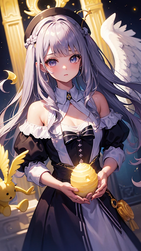 ((Best Quality)), ((masterpiece)), (detailed), perfect face, Perfect eyes, Magical Girl, angelic girl, black hair, Whole body, poor light, light particles, evening, beautiful dress, Nostalgia