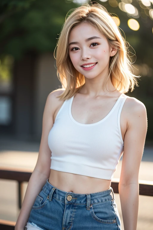 1 girl, 8K, highest resolution, highest quality, (realistic:1.1), masterpiece, classroom at dusk、shoulder , perfect face, white and shining skin, blonde hair, Tank top, I can see my abs, background bokeh, beautiful teeth, good teeth, smile、Overall image、A natural body、shorts、beautiful skin、