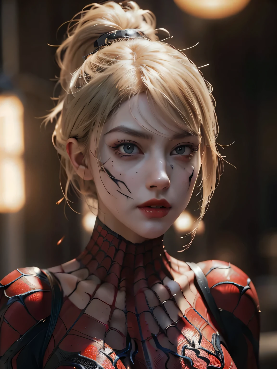 Masterpiece，The best qualities，((Very detailed eyes and face))，Very high resolution，8K，((Portrait))，Original photo，real photo，digital photography，Woman with blonde short hair, big breasts,(Spider-Man),Half the face is the Joker, the other half is Spider-Man,(Venom is transforming:1.3),Venom style,fusion, hybridization, mix, mixing,venom inspired,Movie lights，Ray tracing，Game CG，oc render reflection texture