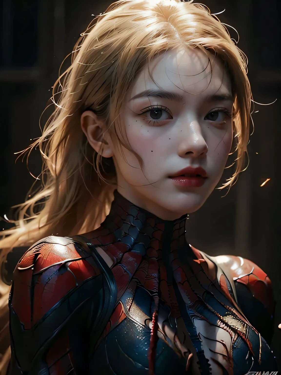 Masterpiece，The best qualities，((Very detailed eyes and face))，Very high resolution，8K，((Portrait))，Original photo，real photo，digital photography，Woman with blonde short hair, Pain, suffering (big breasts:1.4),nude,(Spider-Man),Half the face is the Joker, the other half is Spider-Man,Venom is devouring,Venom movie style(Venom is transforming:1.3),Venom style,fusion, hybridization, mix, mixing,venom inspired,Movie lights，Ray tracing，Game CG，oc render reflection texture