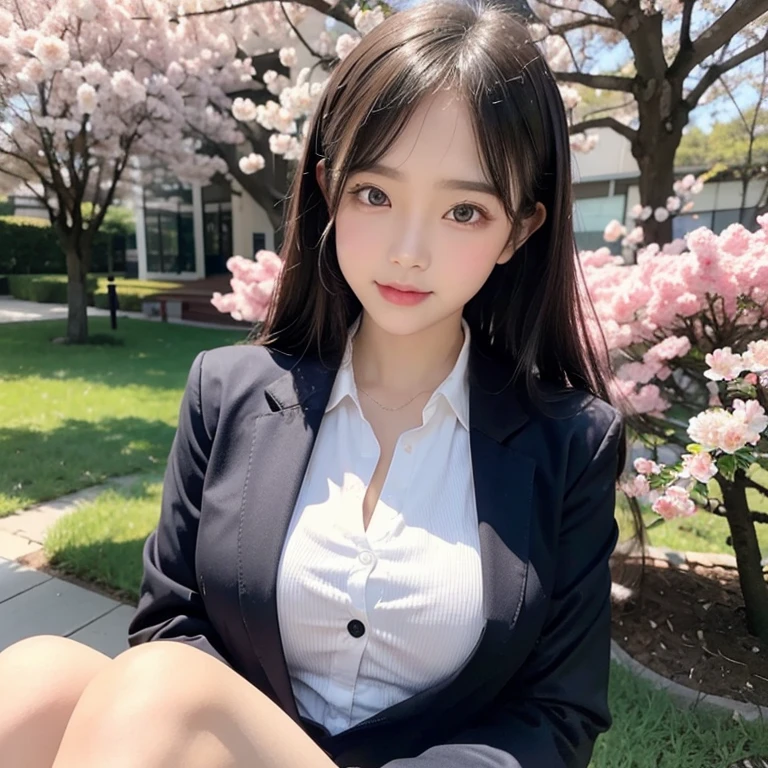 highest quality, High resolution, (realistic:1.2), 3 girls, Japanese beautiful girl, smile, big slit eyes, (big double eyelids:1.5), high definition eyes, plump cheeks, Dimples, light makeup, long black hair, slender, Are thin, small breasts, , dark blue blazer, (Blazer button open:1.3), White blouse with collar, red ribbon tie, white bra, Grey plaid pleated skirt, strong light, Cherry blossom trees, high school, spring,