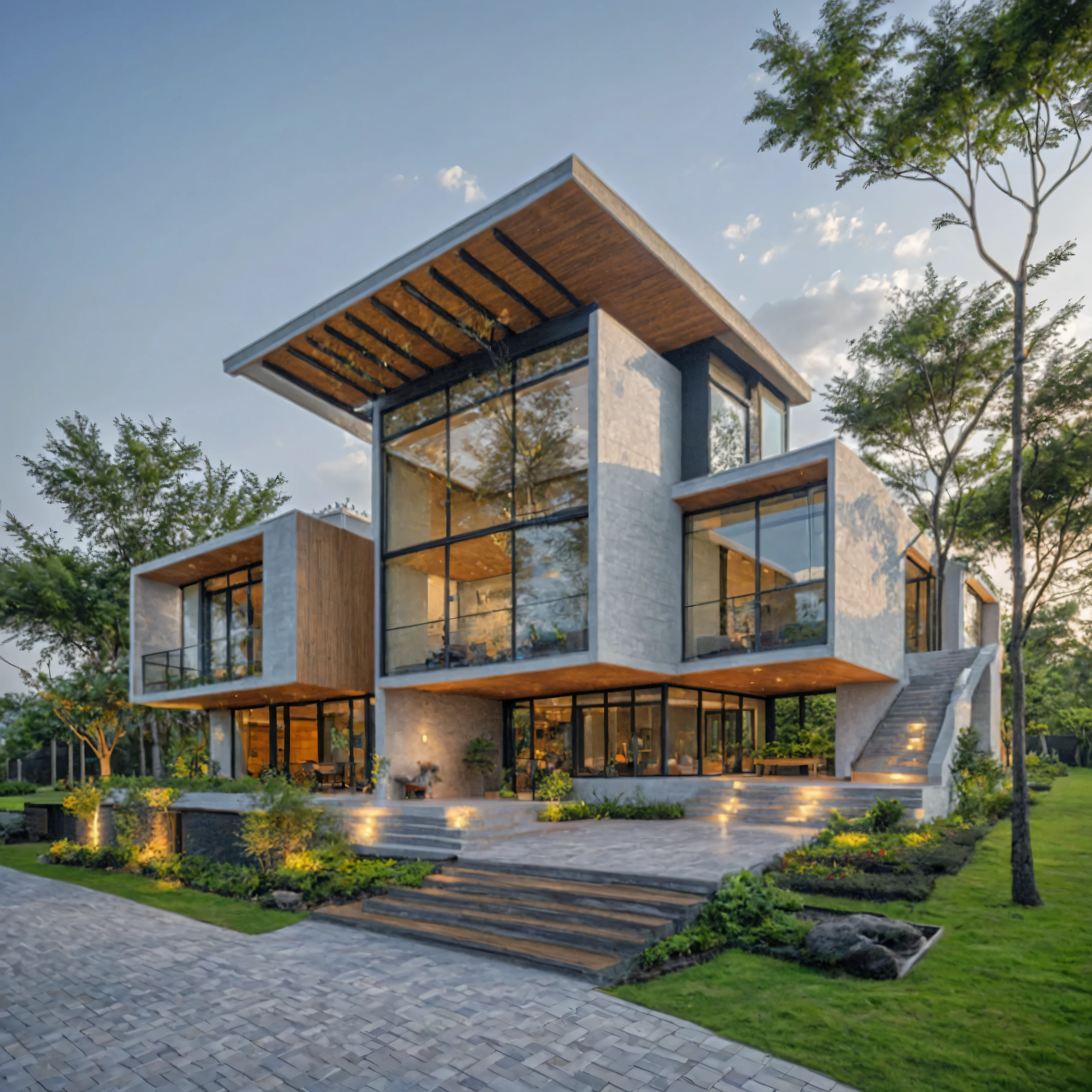 Masterpiece, high quality, best quality, authentic, super detail, outdoors, onestoreyvillaXL, aiaigroup, house style modern on the street ,stairs, white wall ,road,pavement, grass, trees, sky, cloud, (daylight:1.1)
