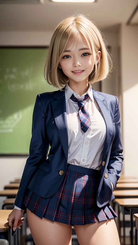 (8k, RAW photo, highest quality), Stand in the classroom of school, (((((((1 woman))))))), ((blonde)), ((short bob hair)), ((detailed eyes)), ((smile)), ((red tie)), (((dark blue closed blazer))), (((Blue plaid pleated miniskirt that wraps around the hips))), asymmetrical bangs, 少しのsmile, thighs, knees, random pose，pretty girl，slender girl