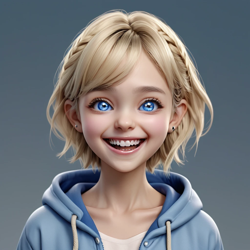 (((happy Smile with open mouth, closed teary blue eyes, small hands holding stomach, pointing small finger))), ((chibi)), portrait, (wide open mouth), blue hoodie, wrinkles near the nose, (simple gray background), girl, Young adult, [Nordic:Icelandic:0.5], age 25, Hourglass body, perfect Olive skin, big Oval Face, Long neck, Rounded shoulders, slim fitness arms, Attached Pointed ears, Short blonde Beach Waves pixie haircut Parting centre hair, snub nose, High Round Narrow cheekbones, Dimpled Cheeks, Rounded Chin, Nude Makeup Look, long eyelashes, third breast size, 8k, vray, IMax, hyperrealism, perfect light, bokeh Carl Zeiss 85mm, small depth of field, photorealistic, masterpiece, high resolution, best quality, cinematic shot, ultra-detailed, super realistic, Hyperrealistic art, high-quality, ultra high res, highest detailed, lot of details, Extremely high-resolution details, photographic, realism pushed to extreme, incredibly lifelike, atmospheric perspective (focus on face), realistic skin, soft light, detailed skin, colourful, soft cinematic light, (perfect skin),