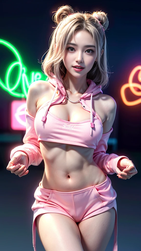 ((masterpiece, highest quality, Highest image quality, High resolution, photorealistic, Raw photo, 8K)), Ultra Wide Angle, girl, (Lower bust:1.4),Large breasts droop、(ssmile:1.5)，Colored inner hair,Long gray hair:1.5,Long unkempt hair:1.35,cabelos preto e longos,Complex hairstyles,(((neon_Pink_There are eyes:1.3))),complex eyes,Beautiful and delicate eyes,symetric eye)),(spider lower abdomen,Willow waist,Wide hips,athletic body build,inflatable legs,Detailed body), Cute big breasts,'s,((((cropped hoodie,)))), (dynamicposes:1.0),Just focus,Embarrassing,(Located in the center,Scale to fit the dimensions,the rule of thirds), Neon lights are particularly eye-catching, very bright neon light,during night, star night, kosmos, artsy photography,(Photos taken by sldr),A high resolution, Focus sharp, (realistic artwork:1.37),(extremely detaild's CG unified 8k wallpapers),((Synthetic wave background theme)),(((vibrant with colors))),iintricate,(intricate background),(tmasterpiece),(Best quality at best),It's a perfect face,Perfect facial detail,Realistic face,Live photos,analogue style,((Complicated details)),(((actual))),