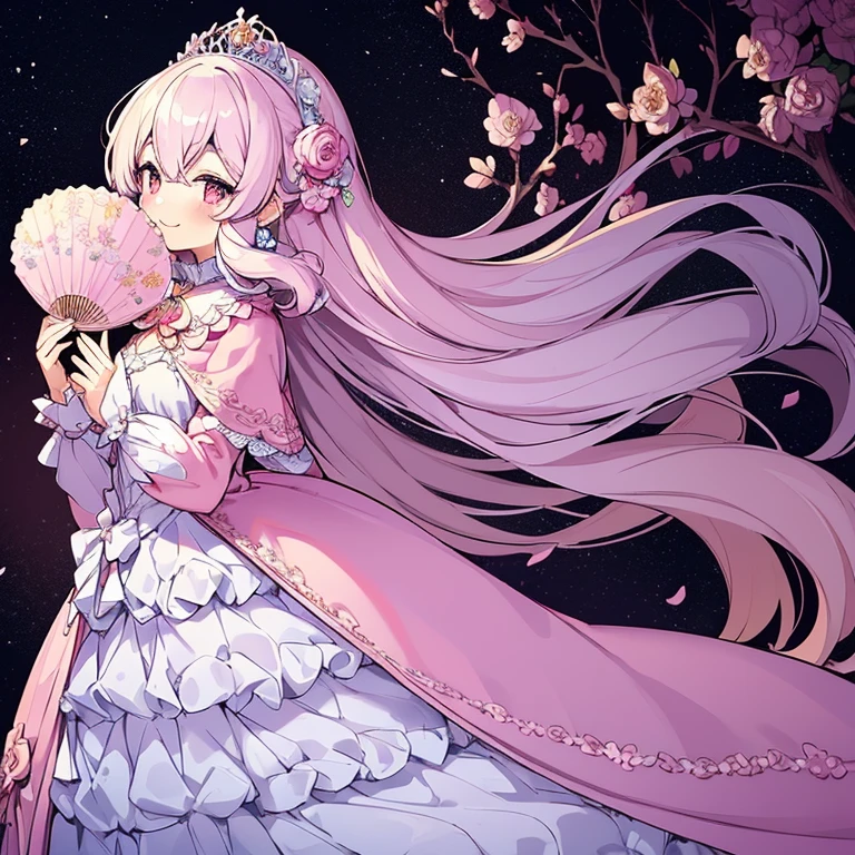 (kawaii),(best quality),(ultra detailed),(rococo style),(long train pastel pink cape:1.15), very long cape,(long train white ball gown with flower decorations:1.1), a girl is wearing a cape over her gown,(she has a western style fan:1.05), 1 little princess, tiara, smile, very long hair, small breasts, beautiful detailed eyes, beautiful detailed lips