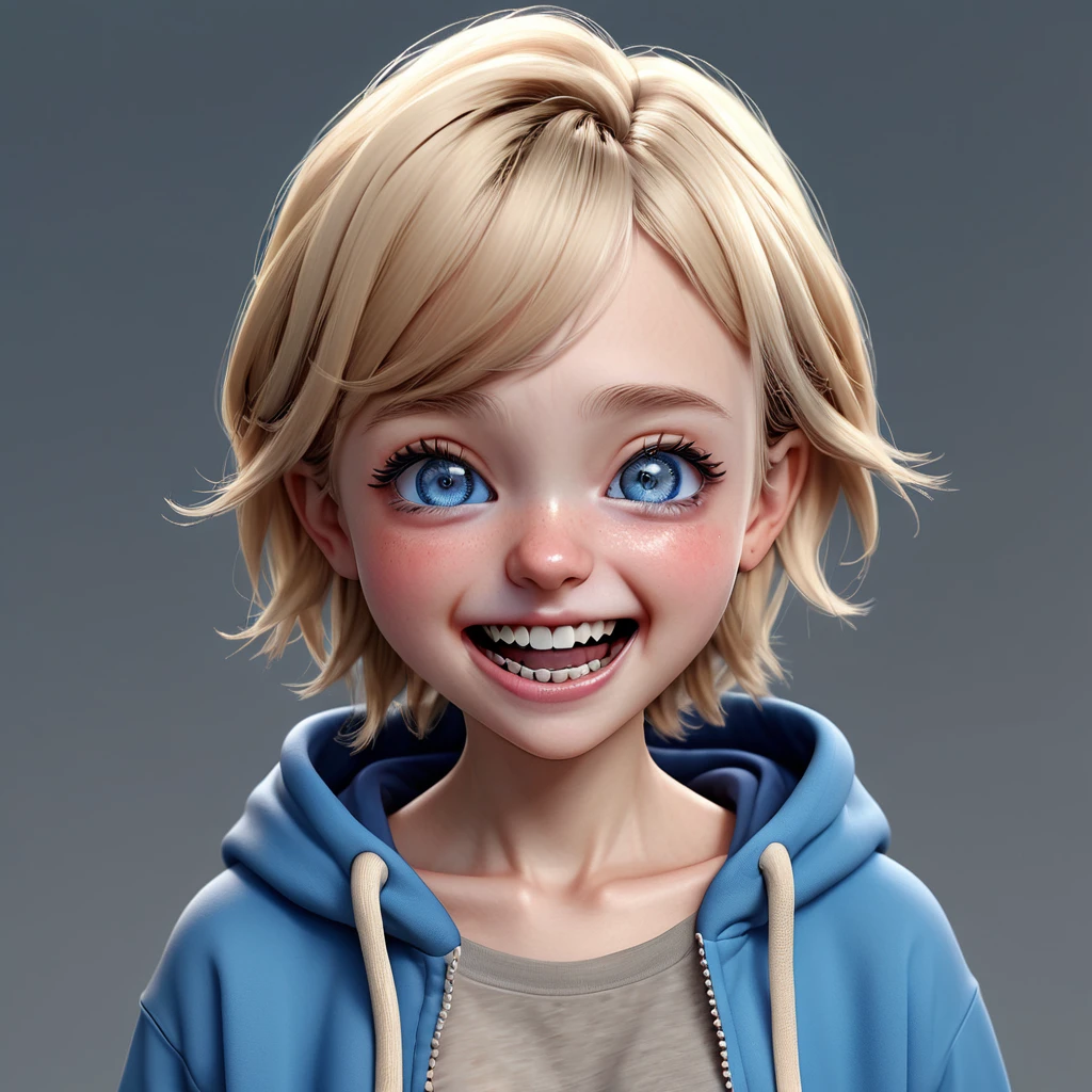 (((happy Smile with open mouth, closed teary blue eyes, small hands holding stomach, pointing small finger))), ((chibi)), portrait, (wide open mouth), blue hoodie, wrinkles near the nose, (simple gray background), girl, Young adult, [Nordic:Icelandic:0.5], age 25, Hourglass body, perfect Olive skin, big Oval Face, Long neck, Rounded shoulders, slim fitness arms, Attached Pointed ears, Short blonde Beach Waves pixie haircut Parting centre hair, snub nose, High Round Narrow cheekbones, Dimpled Cheeks, Rounded Chin, Nude Makeup Look, long eyelashes, third breast size, 8k, vray, IMax, hyperrealism, perfect light, bokeh Carl Zeiss 85mm, small depth of field, photorealistic, masterpiece, high resolution, best quality, cinematic shot, ultra-detailed, super realistic, Hyperrealistic art, high-quality, ultra high res, highest detailed, lot of details, Extremely high-resolution details, photographic, realism pushed to extreme, incredibly lifelike, atmospheric perspective (focus on face), realistic skin, soft light, detailed skin, colourful, soft cinematic light, (perfect skin),