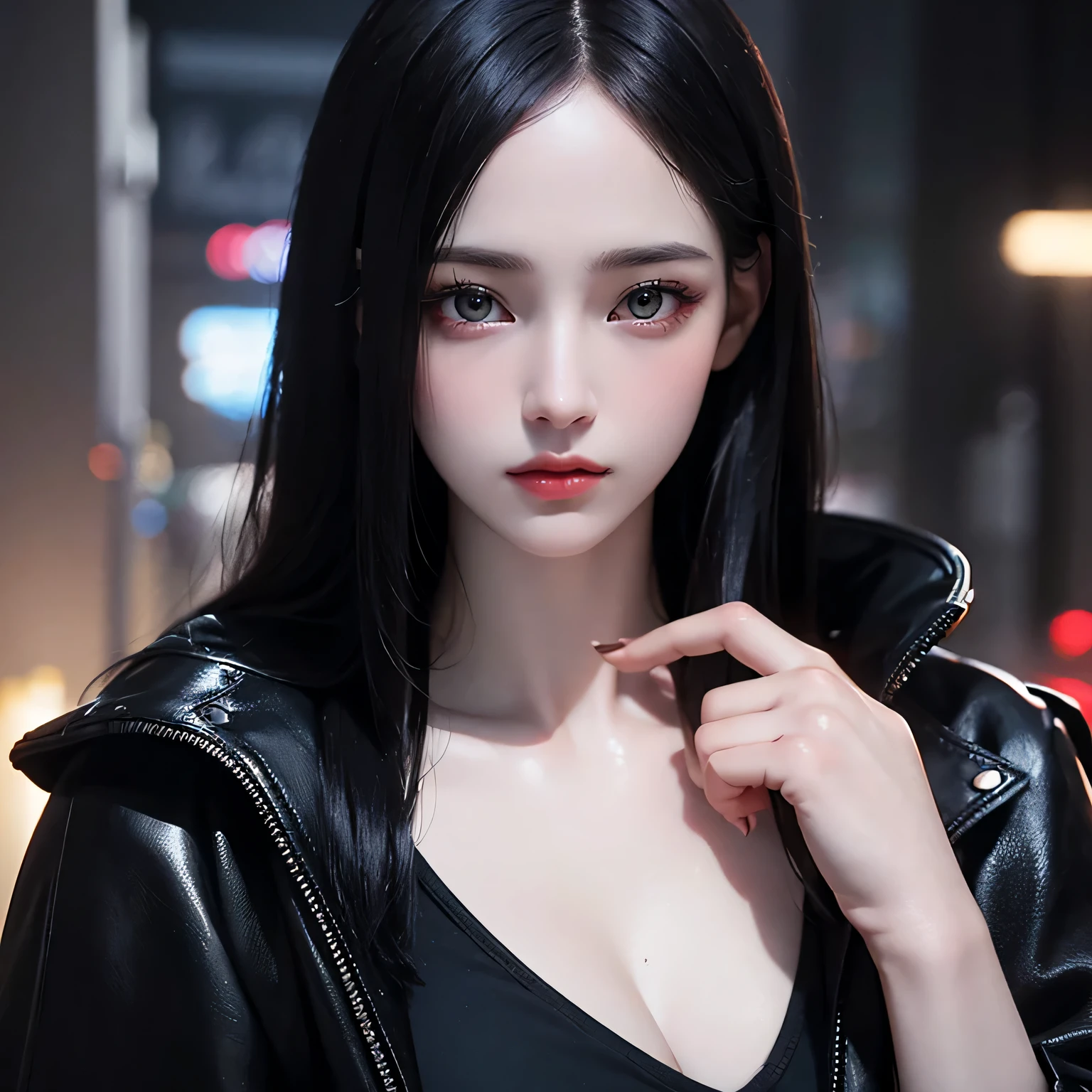 Beautiful girl with realistic black eyes, pale skin, medium length black hair, perfect face, perfect eyes, wearing a coat, very detailed, comprehensive movie, digital painting, 8K, cinematic lighting, highest quality, High resolution, Fine work, Post-processing, perfect result, surreal