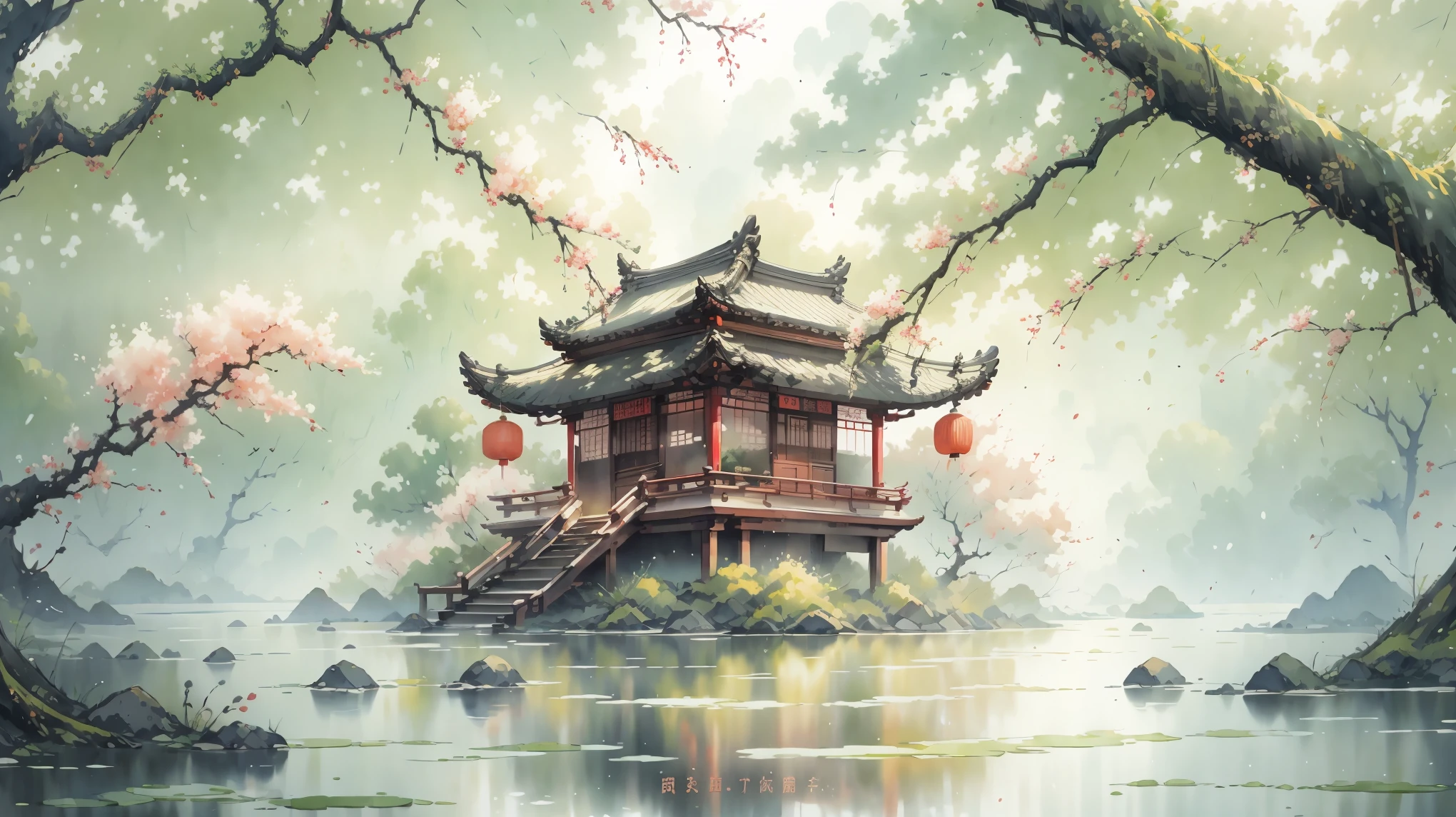 ancient style illustration chinese watercolor landscape painting watercolor willow river summer chinese landscape bare tree branch day flower leaf no human outdoors overgrown plants landscape tree tree water, masterpiece, recent quality, best details, beauty