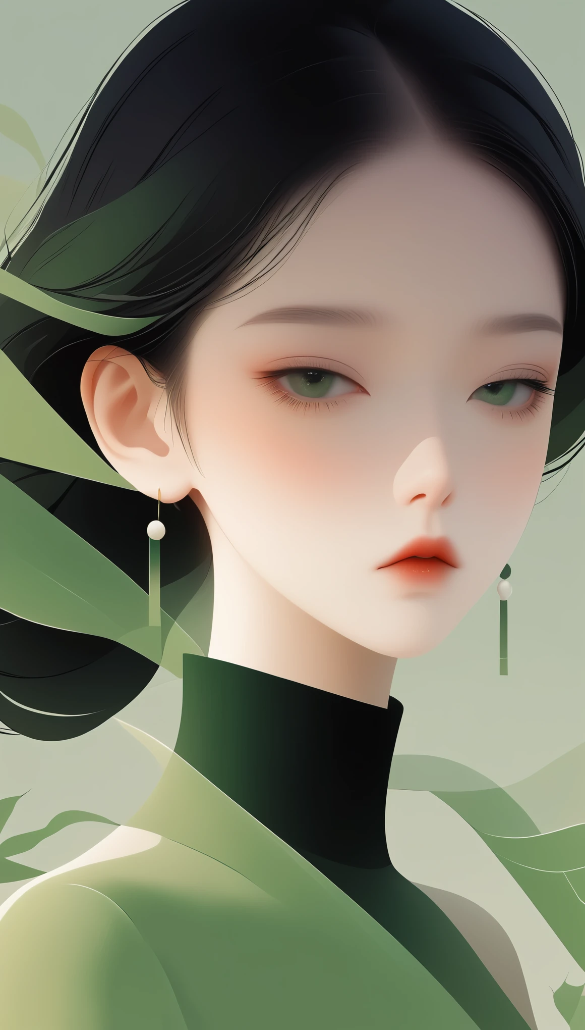 1 girl facing the camera，black eyes，Unique black hair，pretty face，vector，flat form style，illustration，minimalist，数字艺术illustration，green tint